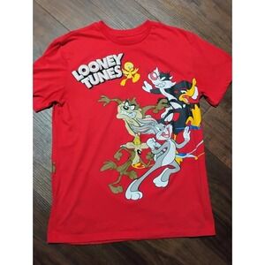Y2K L Looney Tunes AOP Red Graphic Shirt Tweety Bugs Bunny Size Medium